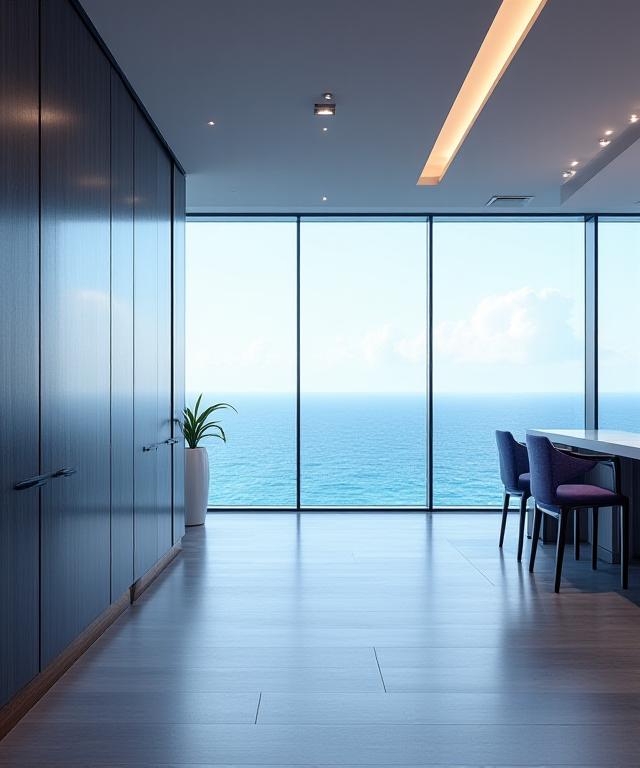 Modern professional workspace overlooking a coastal horizon